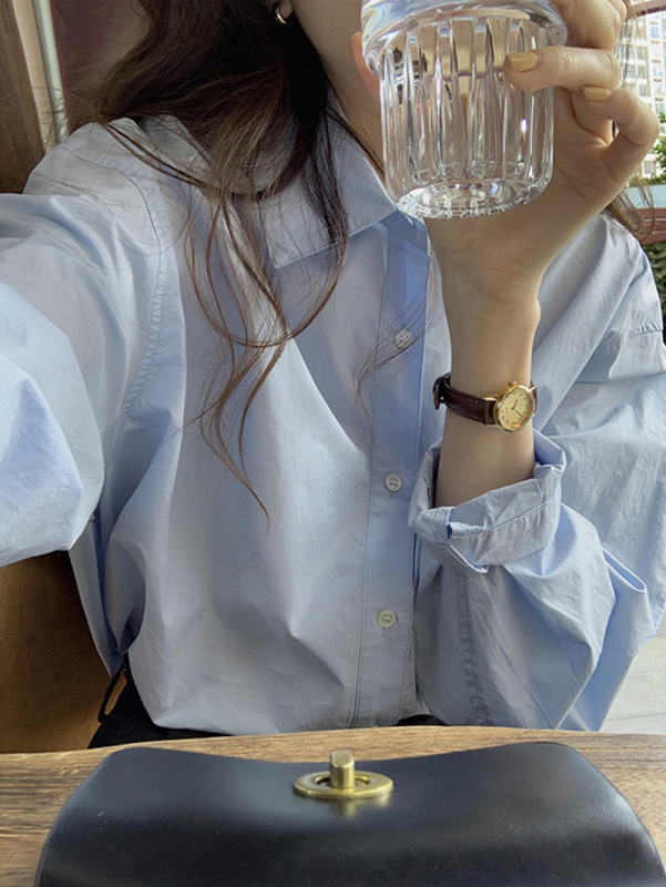 Casual Korean-Style Loose-Fitting Long-Sleeved Blue Shirt, Simple Inner Layering Top for Petite Figures, Early Spring Design Layered Shirt