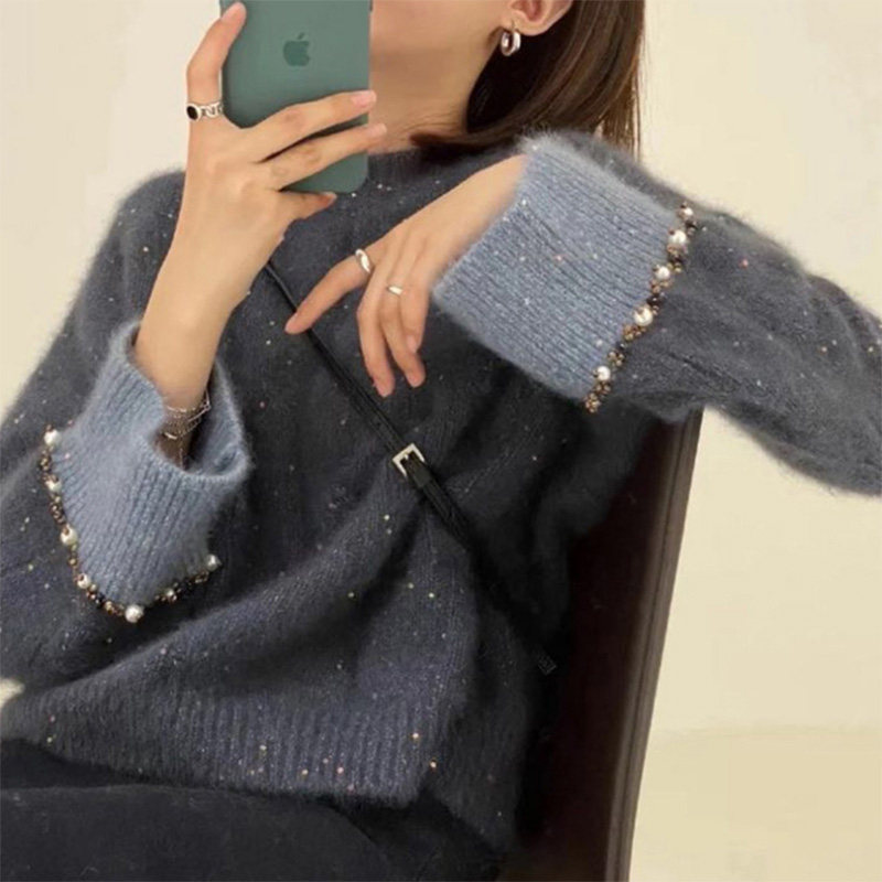 Day's name Yuanyuan Hooded Sweater Woman 2020 Autumn Winter New Han Edition Loose Heavy Engineering Nail Pearl Knit Blouse Foreign Pie