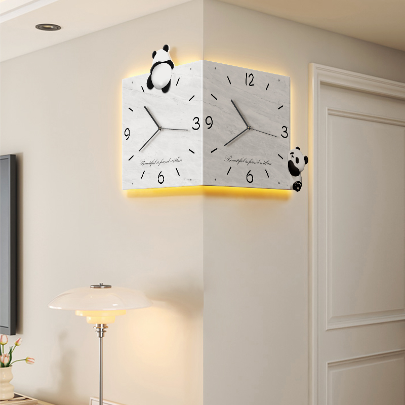 Cute Panda Living Room Corner Hanging Clock Home 2023 New Creative Bifacial Clock Corner Clock Hanging Wall Wall Lamp-Taobao