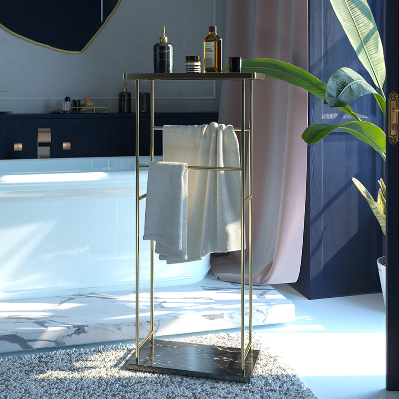 Nordic minimalist double-bar towel bath towel rack floor-to-ceiling free punch powder room metal hanger decorative corner shelf