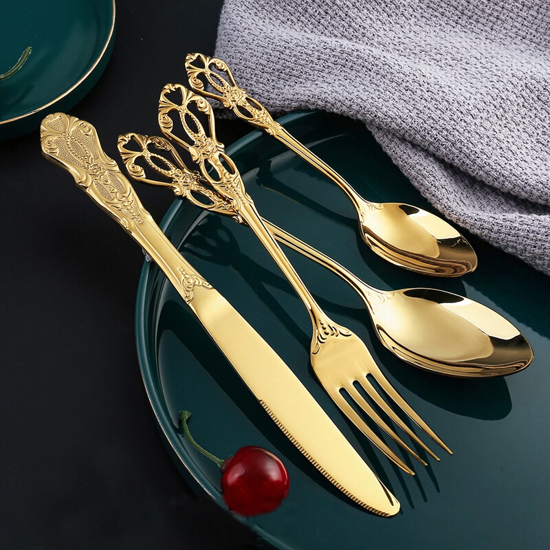 Retro Palace-Style Knife and Fork Set, Stainless Steel Steak Knife, Fork and Spoon Three-Piece Set, European-Style Household High-End Western Tableware Spoon
