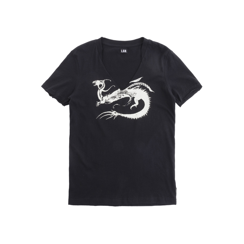 Torn Paradise Lgb Black Dragon Pattern Short Sleeve Tee V-Neck Waist-Cinching Short Sleeve Visual Subculture Uc