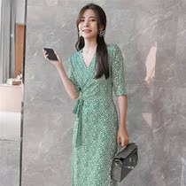 Green fresh small floral dress Womens summer one-piece lace-up wrap dress M high waist thin light luxury large size long