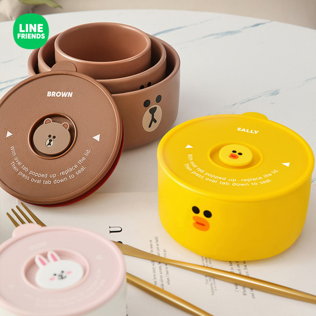 LINEFRIENDS ກ່ອງເກັບຮັກສາສົດ, ກ່ອງອາຫານຂອງນັກຮຽນປະຖົມ, ກ່ອງອາຫານທ່ຽງສໍາລັບພະນັກງານຫ້ອງການ, ເຄື່ອງເຮັດຄວາມຮ້ອນດ້ວຍໄມໂຄເວຟ, ຖ້ວຍເຊລາມິກປິດປະທັບຕາ