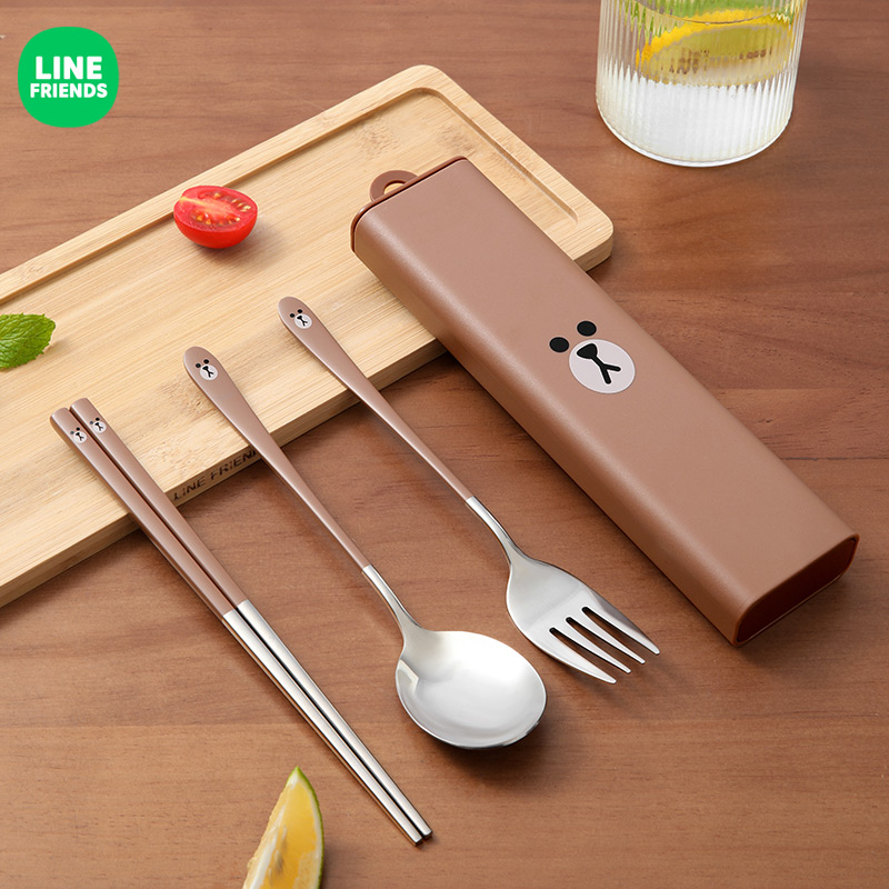 LINE FRIENDS 304 stainless steel chopstick spoon suit single student outside with portable cutlery containing box