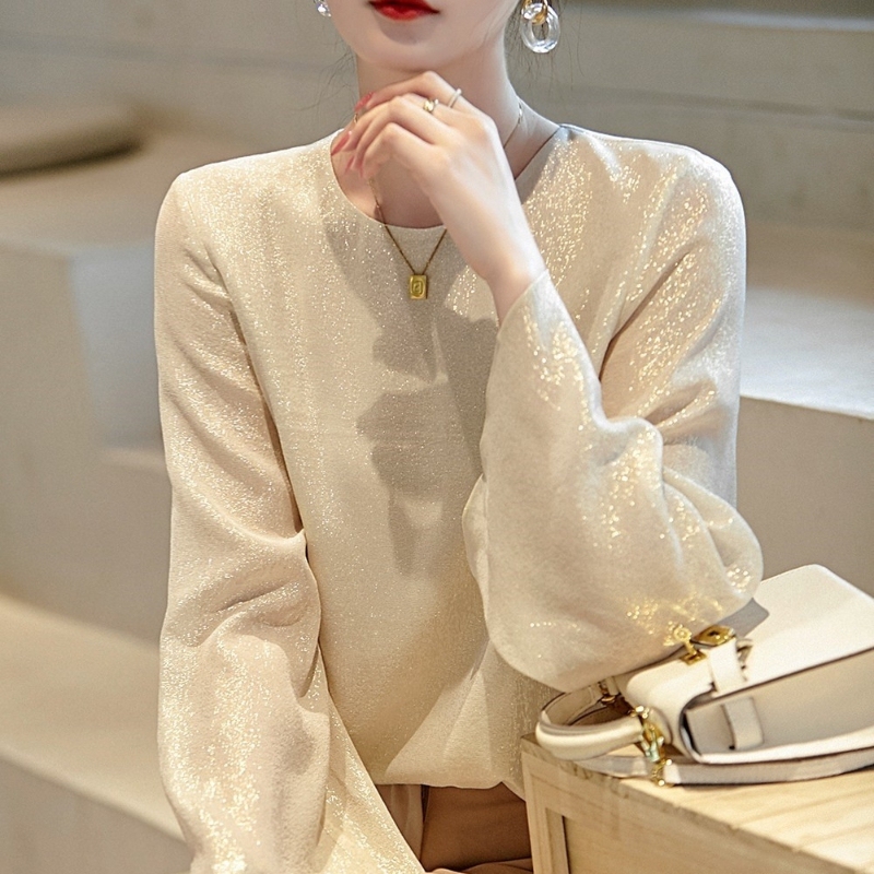 Clearance Sale! First-Tier Brand Exclusive Gold Silk Shimmering Round-Neck Flared Sleeve Silk Blouse for Women Clearance Sale! First-Tier Brand Exclusive Gold Silk Shimmering Round-Neck Flared Sleeve Silk Blouse for Women