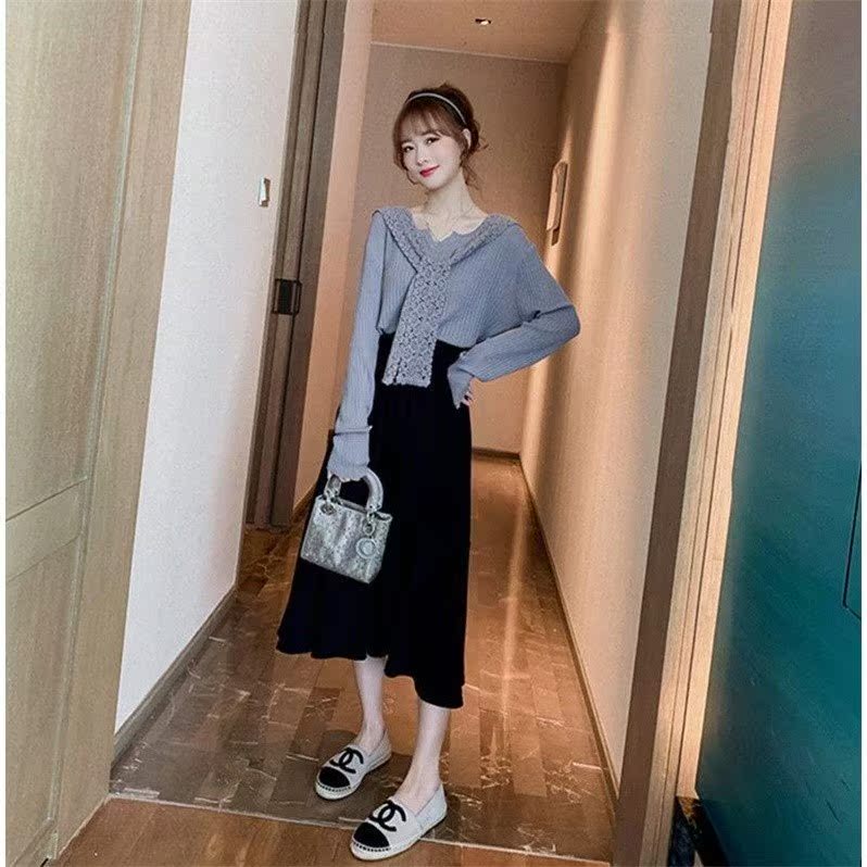 Lace shawl knitted top set 2020 new female slim waist A- shaped skirt foreign pie two-piece set