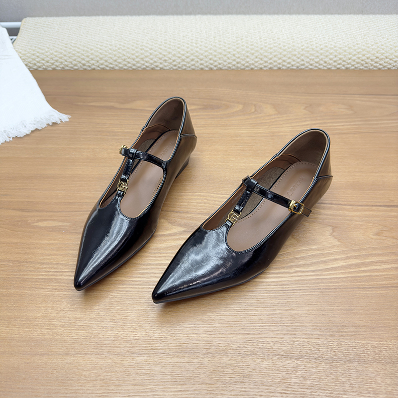 ヨーロッパの駅の厚いローヒール浅い口シングルシューズレディース2025春の新作Tストラップポインテッドメリージェーンレザーシューズトレンド
