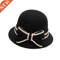 Women Imitation Wool Felt Bucket Hat With Brim Female Bow Fi