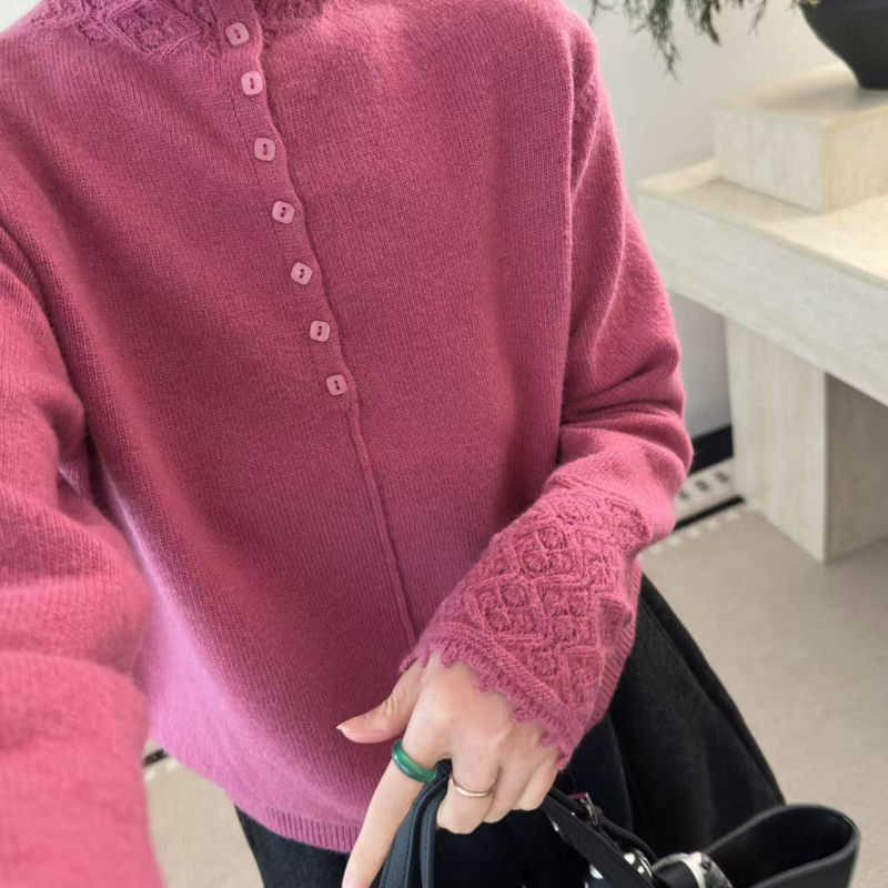 Teni Lazy Style Half-High Collar Lace Crochet Button-Up Knit Sweater for Women, Loose and Versatile, Age-Reducing Sweater