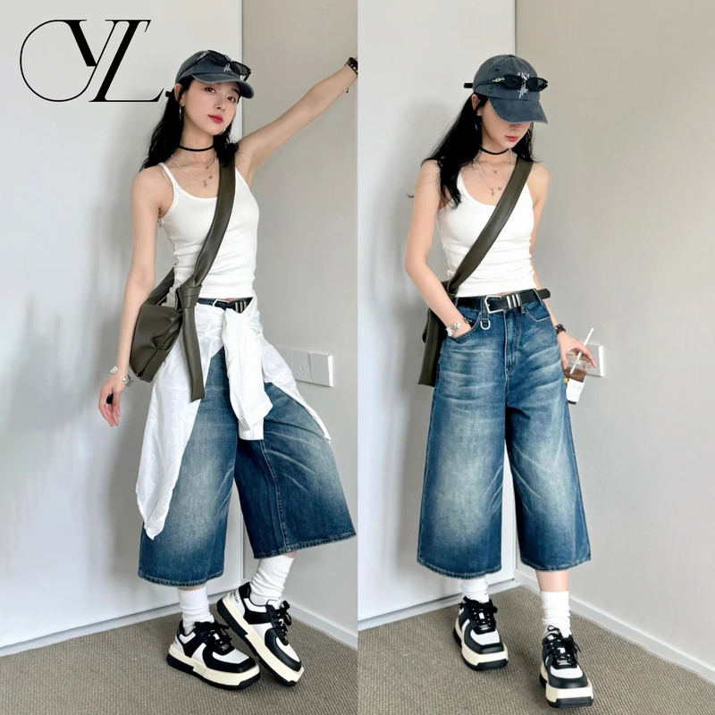 American-Style Vintage Cropped Wide-Leg Jeans for Women, 2026 Summer New Low-Waist Loose Slimming Washed Straight Pants