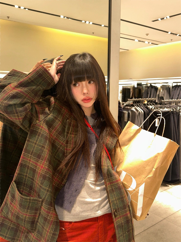 Retro Dark Green Plaid Woolen Suit Jacket for Women, Spring & Fall 2026, High-End, Thickeneded Small Suit for Small People