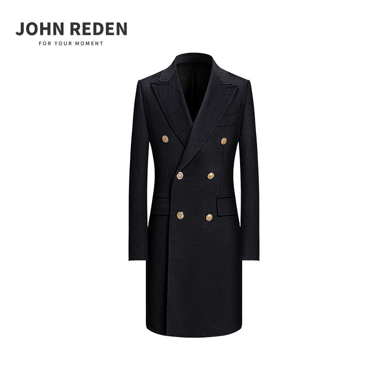 John Reden Cashmere Wool Business Casual Woolen Double-Breasted Outwear Black Slim Mid-Length Outwear for Men
