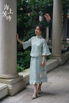(Chloëss Prayer) 1920s Republic of China style silk organza round hem inverted large sleeve skirt and jacket suit