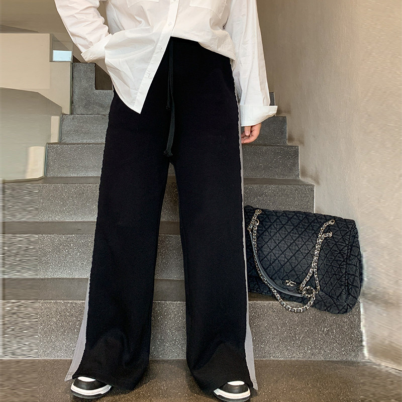 Kaka Don't eat Unlimited Leg Type Splicing Design Sense Bump Color Straight Drum Pants High Waist Display Slim Open Fork Casual Pants