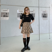 Kaka dont eat the right hot girl slightly fat mm retro fashion Plaid high waist slim pleated skirt women