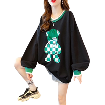 大码女装2022新款棋盘格小熊设计感卫衣女韩系宽松胖mm长袖上衣服