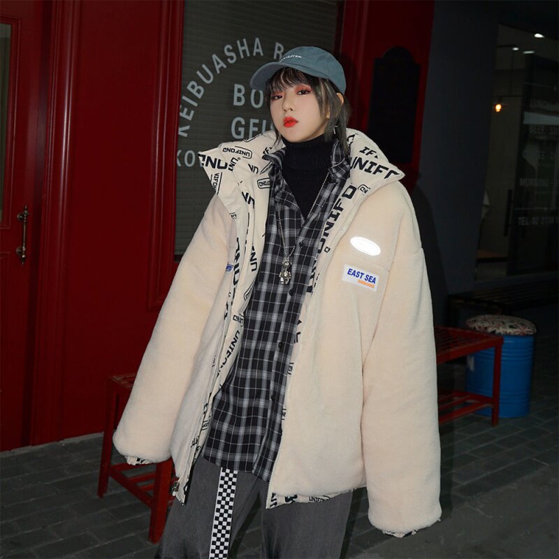 Winter double-sided wear cotton clothes male student trend ins lamb plus plush cotton coat loose couple wear cotton jacket coat