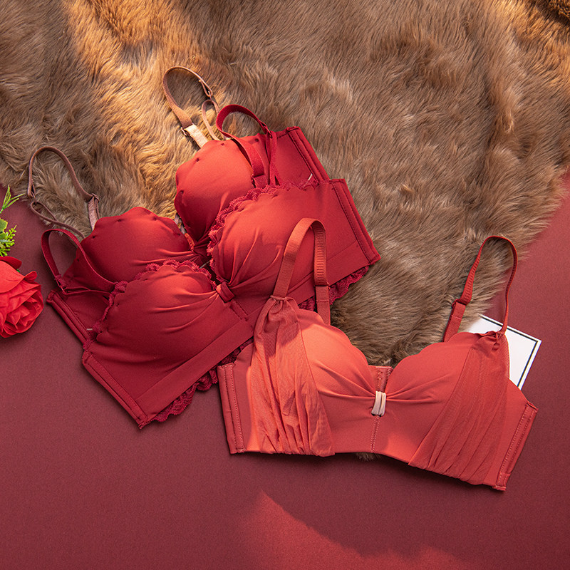 Red underwear women's small breasts gather married bride's life year suit no steel ring anti-sagging breast bra bra