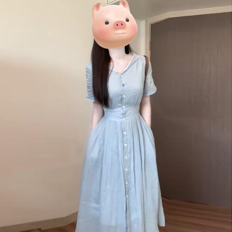 Korean Preppy Style Navy Collar Blue Shirt Dress for Women, Summer 2026 New Style, Waist-Cinching, Slimming, Elegant Long Dress