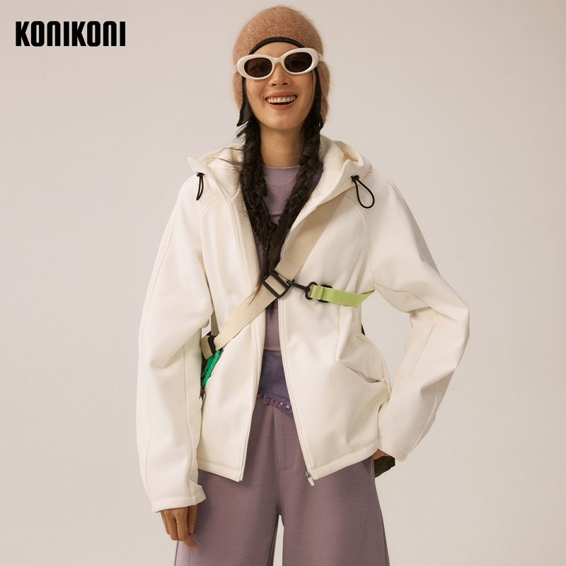 Konikoni Women's Outdoor Functional Jacket Loose Hooded Grid Knit Softshell Warm Sports Jacket