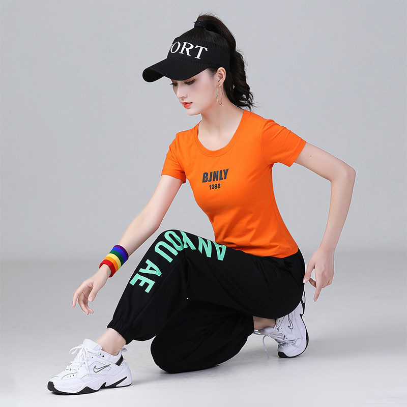 Sports suit female summer running and dancing short-sleeved thin cotton fashion leisure square dance fitness clothing shuffle dance