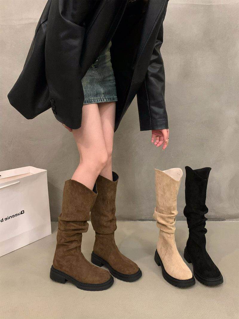 Tide card thick bottom V mouth slim slim rider boot women's shoes 2023 new autumn and winter retro pile boots long boots-Taobao