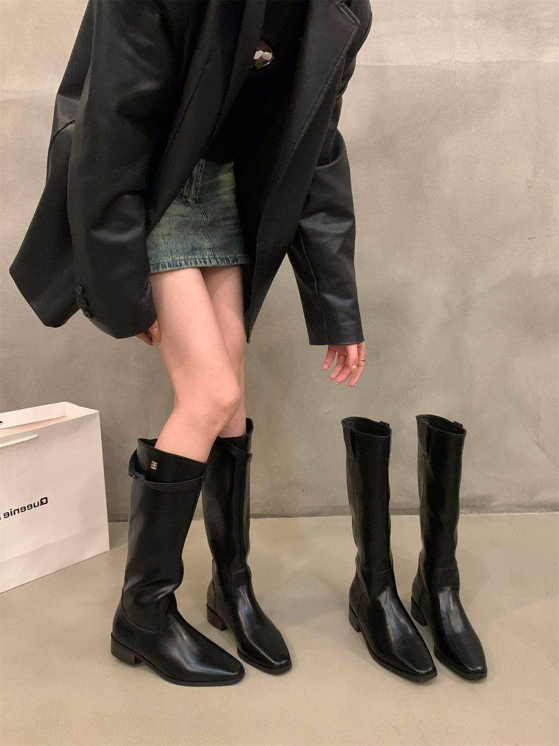 Tide Card Coarse Heel Black Locomotive Long Drum Boots Woman Shoes 2023 New Autumn Winter Western Midcylinder Retro Long Boots-Taobao