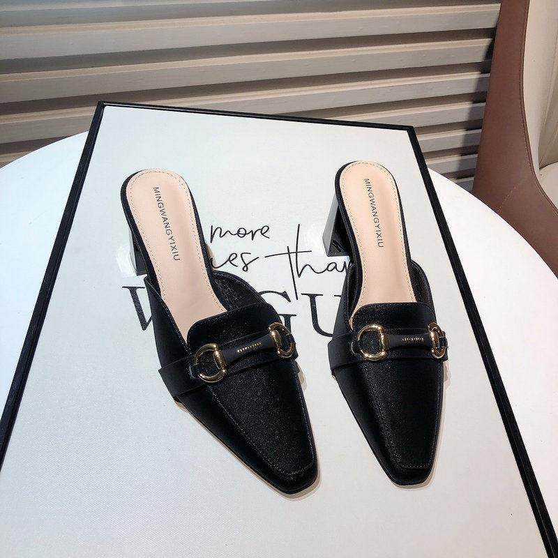Hong Kong High heel Baotou Half slippers female 2023 Fall new temperament name Yuanyuan metal buckle square head coarse heel sandals-Taobao