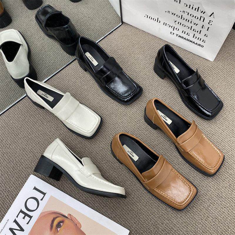 Tide-card retro Inn wind small leather shoes women 2023 autumn new square head coarse heels with soft leather high heel women's single shoes-Taobao