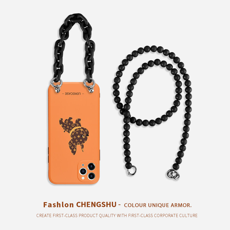French fighting dog oblique bead chain lanyard suitable for iPhone13promax cute 12 mobile phone case portable female model 13