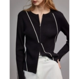 Черный шерстяной трикотажный весенний свитер, приталенный кардиган