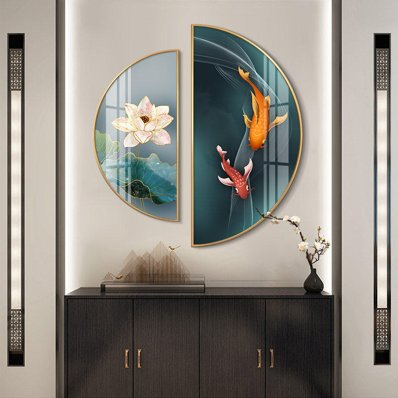 Entrance Xuanguan Decoration Painting New Chinese Living Room Restaurant Background Wall Lotus Wall Lotus Wall Painting Veranda aisle Semicircle Hanging Painting-Taobao