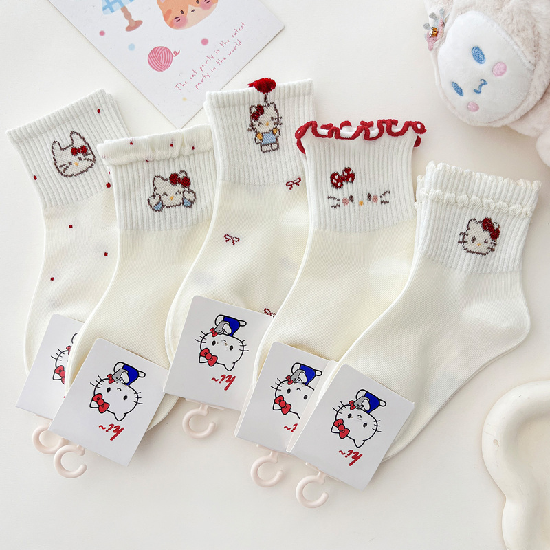 2026 New Girls' Seamless Mid-Calf Socks Cartoon Kt Cat Ruffled Socks Spring and Autumn Cute Children's Socks 2026 New Girls' Seamless Mid-Calf Socks Cartoon Kt Cat Ruffled Socks Spring and Autumn Cute Children's Socks