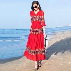 Beach Dress 2024 Summer V-neck Printed Swing Dress Waist Slimming Travel Vacation Long Skirt Chiffon Skirt