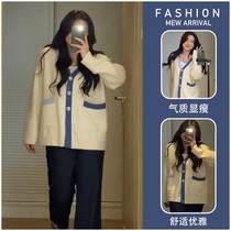 2022 new autumn large size maternity design sense color matching loose round neck long sleeve knitted cardigan sweater for women