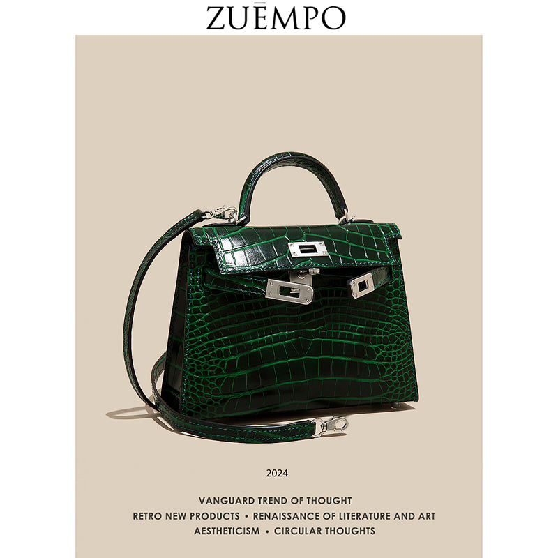 High-End Emerald Crocodile Pattern Mini Second-Generation Kelly Bag for Women, Small Handbag, Genuine Leather Shoulder Crossbody Bag