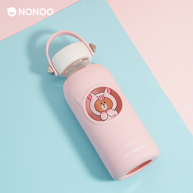 line friend co-branded silicone cup set glass cup male and female student water cup portable tea cup transparent cup