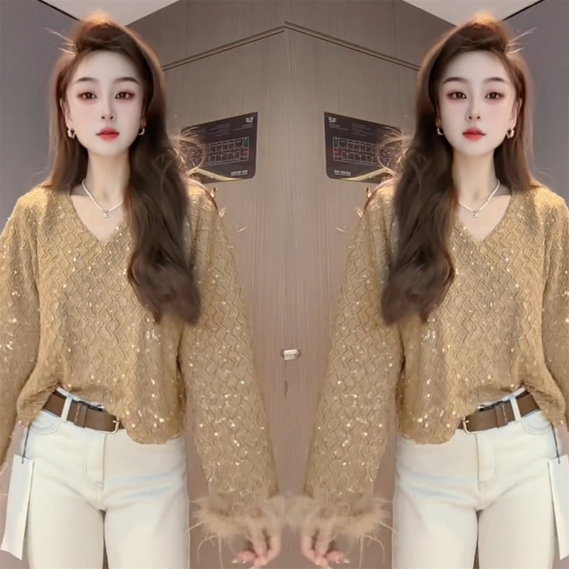Korean-Style Elegant Sequined Lace Shirt with Fur Sleeves, Light Luxury Fashion, Trendy Sequin Shimmering Outfit Top Korean-Style Elegant Sequined Lace Shirt with Fur Sleeves, Light Luxury Fashion, Trendy Sequin Shimmering Outfit Top