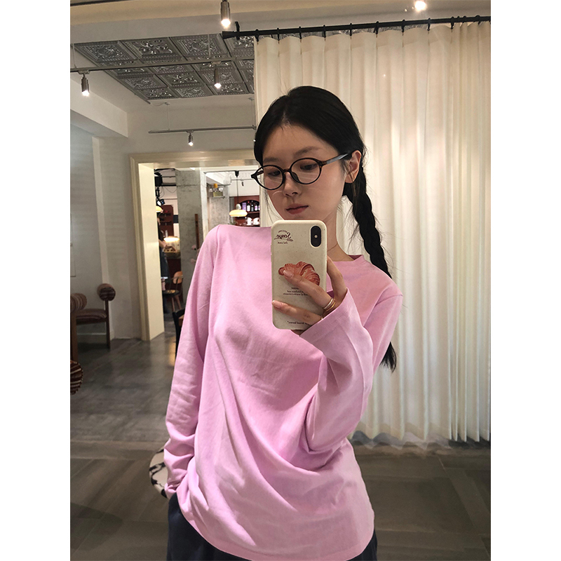 Simple Pink Round-Neck Long-Sleeve T-Shirt for Women, Early Autumn Basic Versatile Slim-Fit Base Shirt, Outerwear Top Simple Pink Round-Neck Long-Sleeve T-Shirt for Women, Early Autumn Basic Versatile Slim-Fit Base Shirt, Outerwear Top