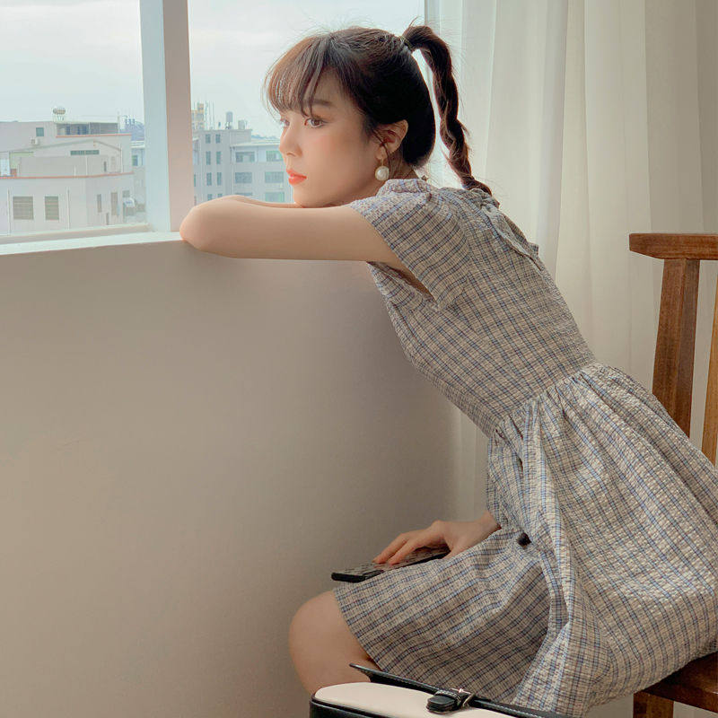 Plaid dress 2022 new summer small fresh schoolgirl Korean version loose small mid-length skirt trendy
