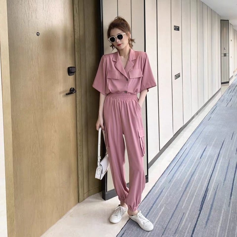 Large size suit woman 2022 Summer 200 catty younger sister thin short sleeve suit wide leg long pants Fashion Two sets