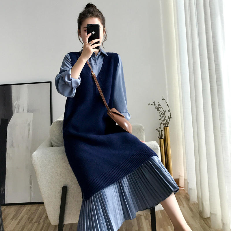 Pregnant women autumn dress autumn and winter big fashion mom shirt folds long vest sweater career two pieces