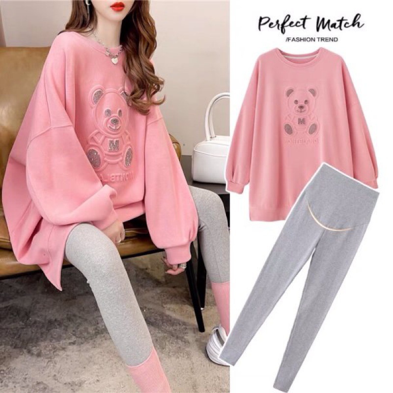 Pregnant women in autumn suit 2022 new female medium - long sleeve coat cover butt loose set out two pieces