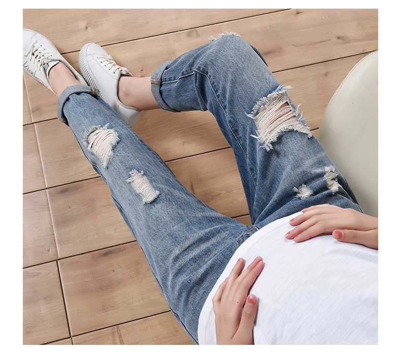 Pregnant women pants spring and autumn thin fashion hole jeans loose large-size straight tube nine-minute daddy pants worn outside summer