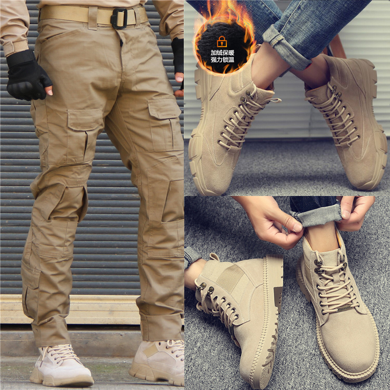 Winter New Desert Boots Man Outdoor Tactical High Cylinder Mountaineering Shoes Plus Suede Anti-Wear Hiking Tooling Martin Boots