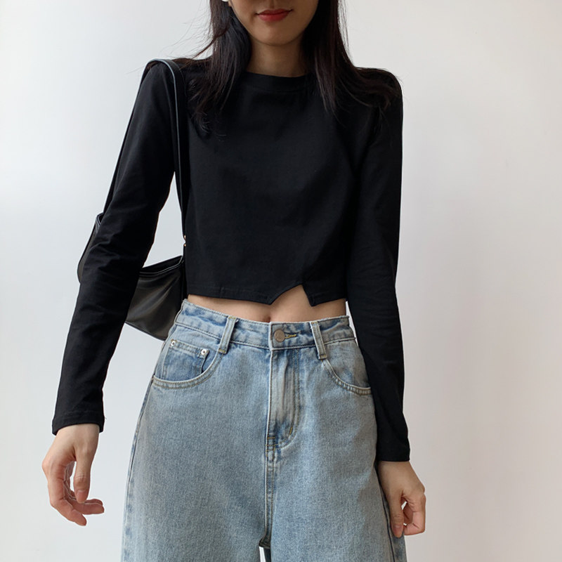 Black short slim t-shirt women's long-sleeved top high waist navel exposed thin slim bottoming shirt spring and autumn inner wear