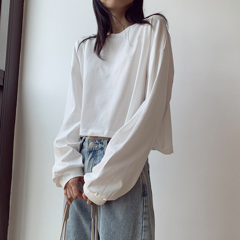 White cotton long sleeve t shirt short high waist blouse sweater 2022 tops female autumn design new style