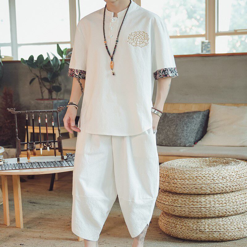 China Wind Men's Clothing Summer Suit Casual Linen Men's Pan Button Hanfu 2022 New Dont T-shirt Man Short Sleeve