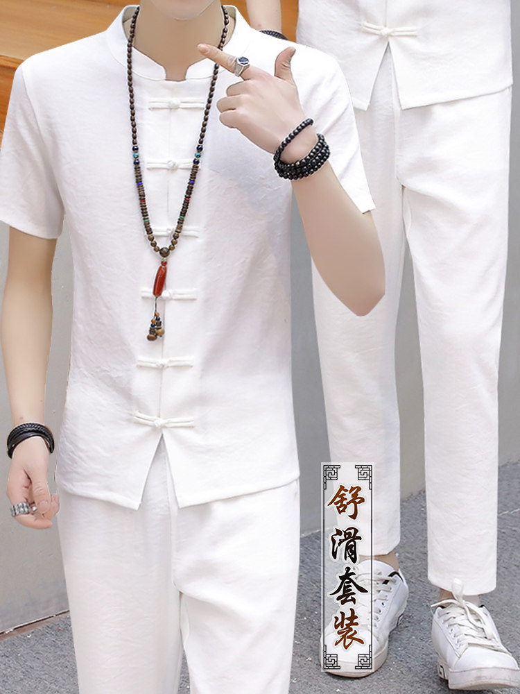 Tang Loaded Men's Summer Suit Chinese Wind Flax Short Sleeve T-Shirt Mid Aged Cotton Hemp Casual Summer Dress Buddha